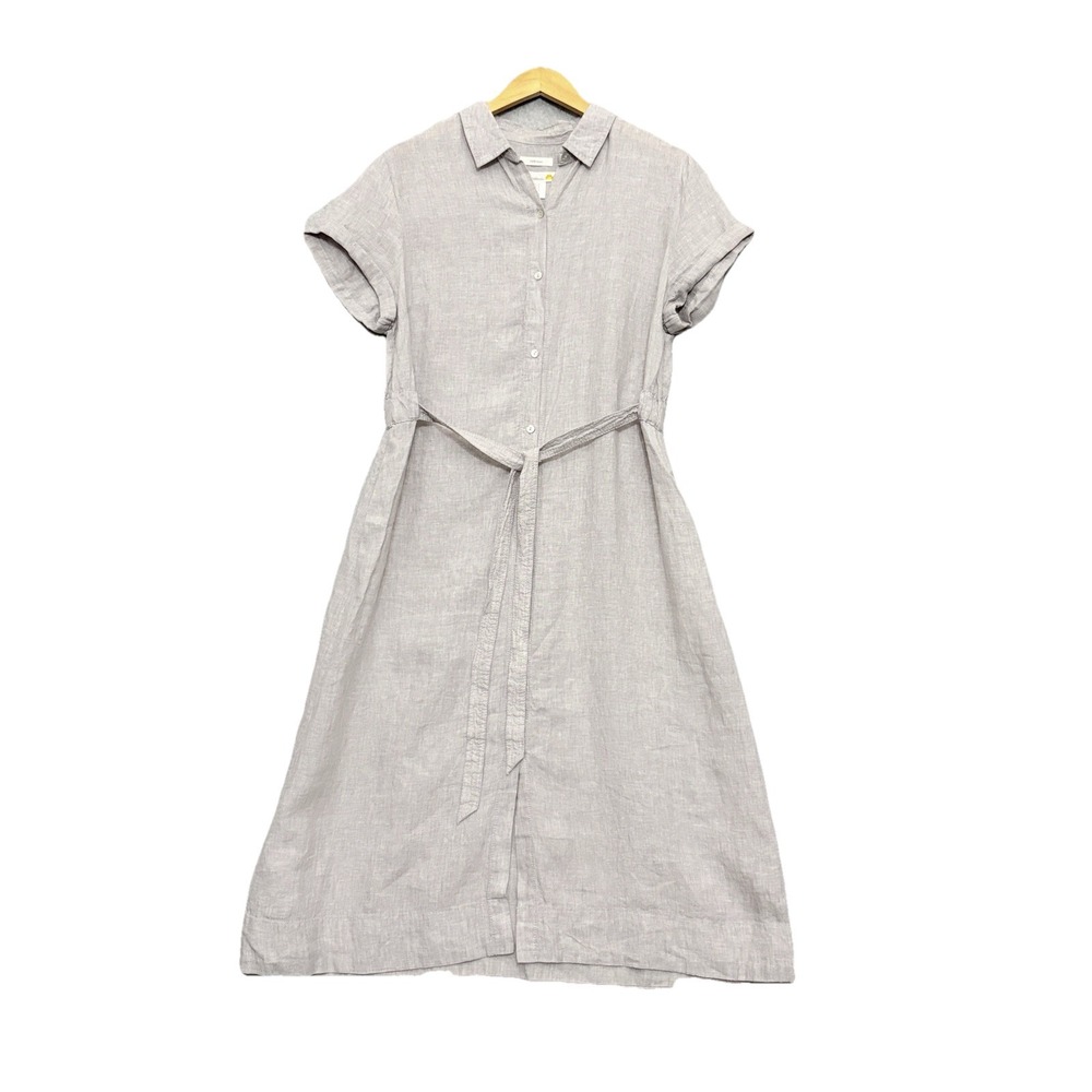 C&C California Linen Dress Sz 12 Belted Button Front Gray‎ Beach Coastal Travel